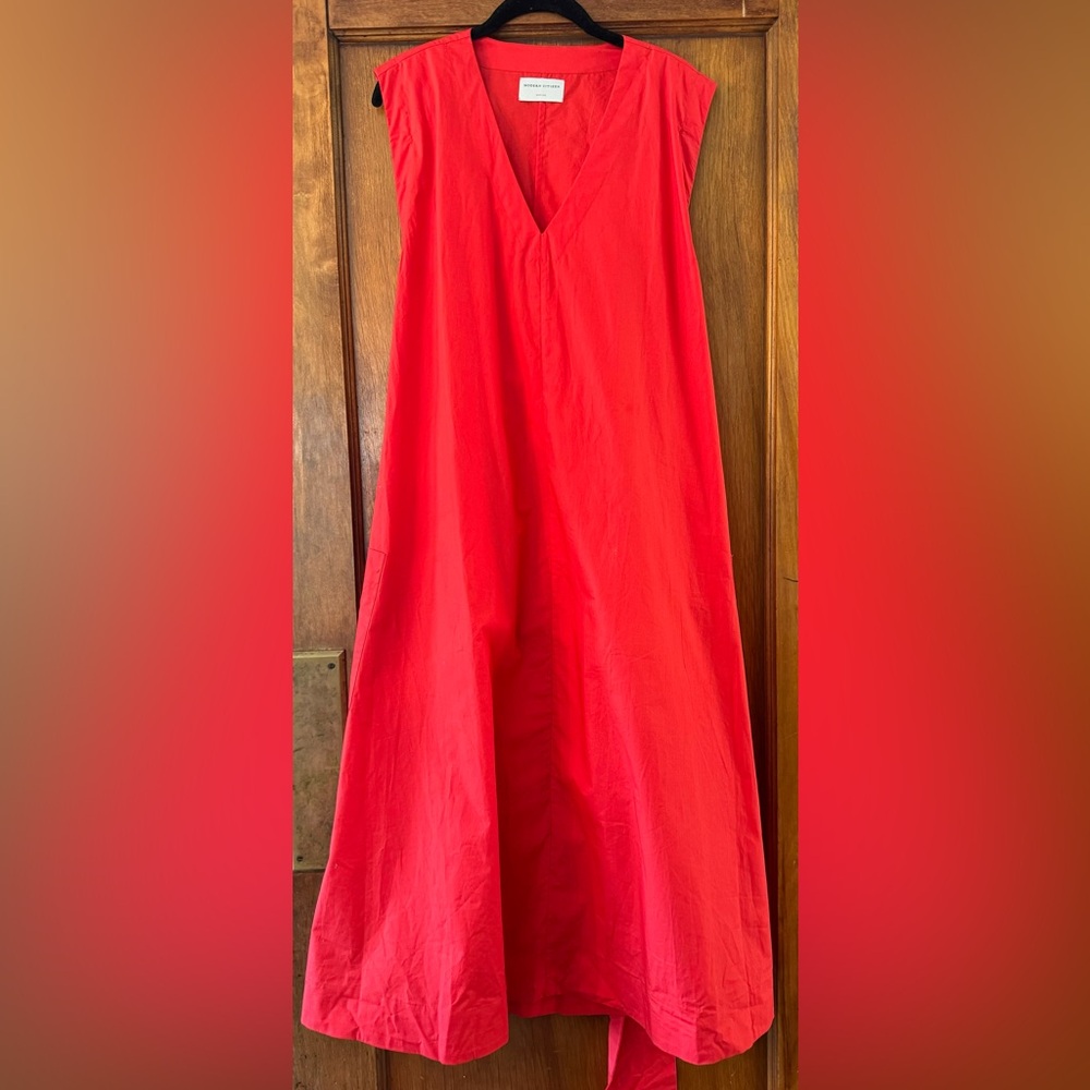 Modern Citizen Claudette Tie Waist Cotton Dress in Berry Red- Medium - Picture 3 of 7